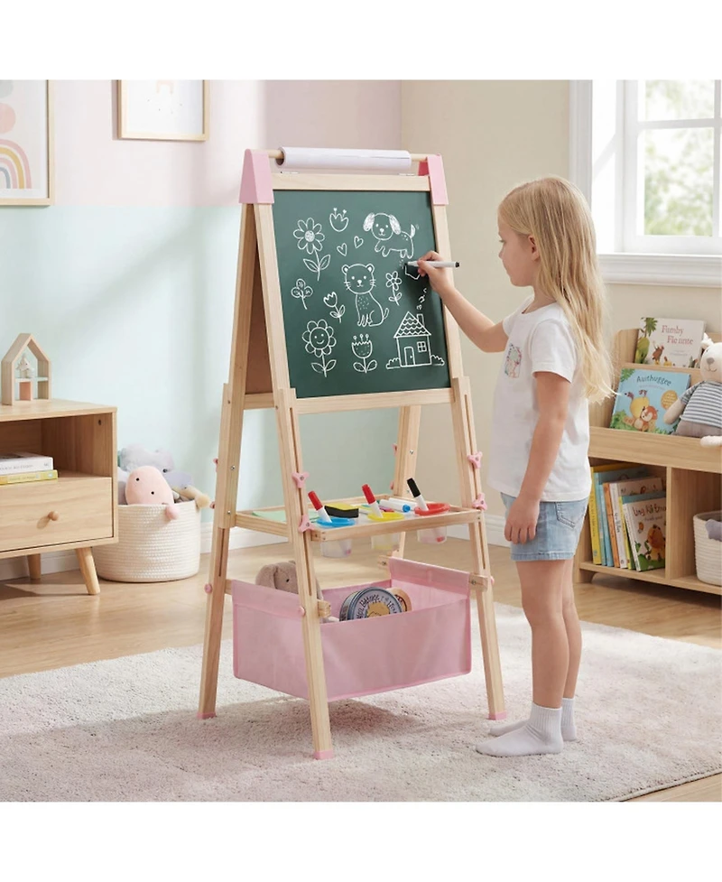 Hongge 3-in-1 Double-Sided Kids Art Easel with Chalkboard Whiteboard and 60 Accessories