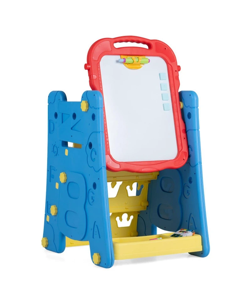 Hongge 4-in-1 Kids Art Easel with Magnetic Whiteboard Chalkboard and Bookshelf