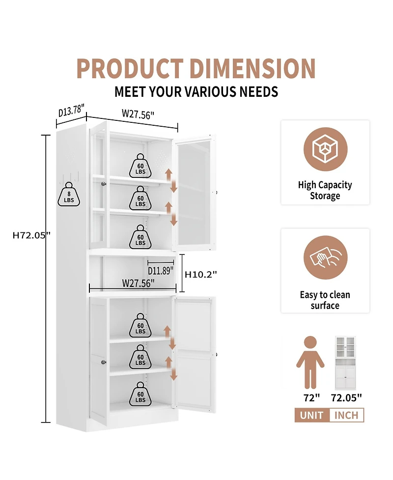 Boyel Living 72 Inch Steel 4 Shelf Storage Cabinet Glass Door with Adjustable Shelves