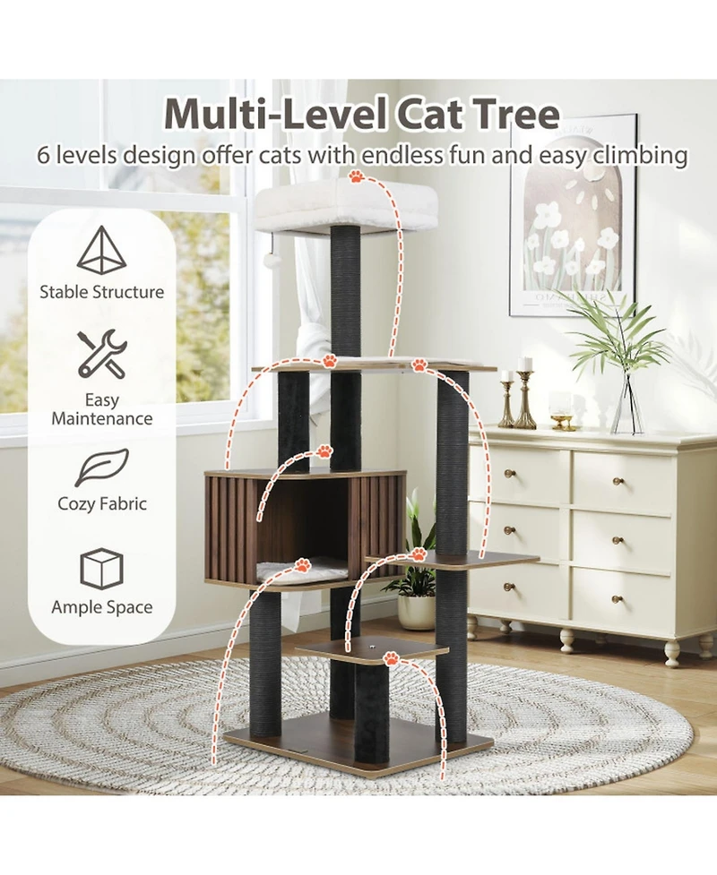 Hongge 59 Inch Multi-Level Cat Tree with Fence-Style Condo Cushioned Top Perch and Sisal Posts