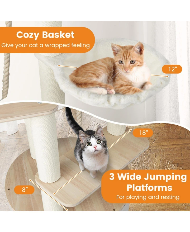 Hongge 55 Inch Wooden Cat Tree with Arched Perch Condo Cozy Basket and Hammock