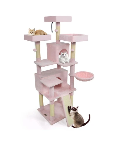 Hongge 65 Inch Cat Tree with 3 Upholstered Perches 2 Condos and Sisal Scratching Posts