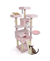 Hongge 65 Inch Cat Tree with 3 Upholstered Perches 2 Condos and Sisal Scratching Posts