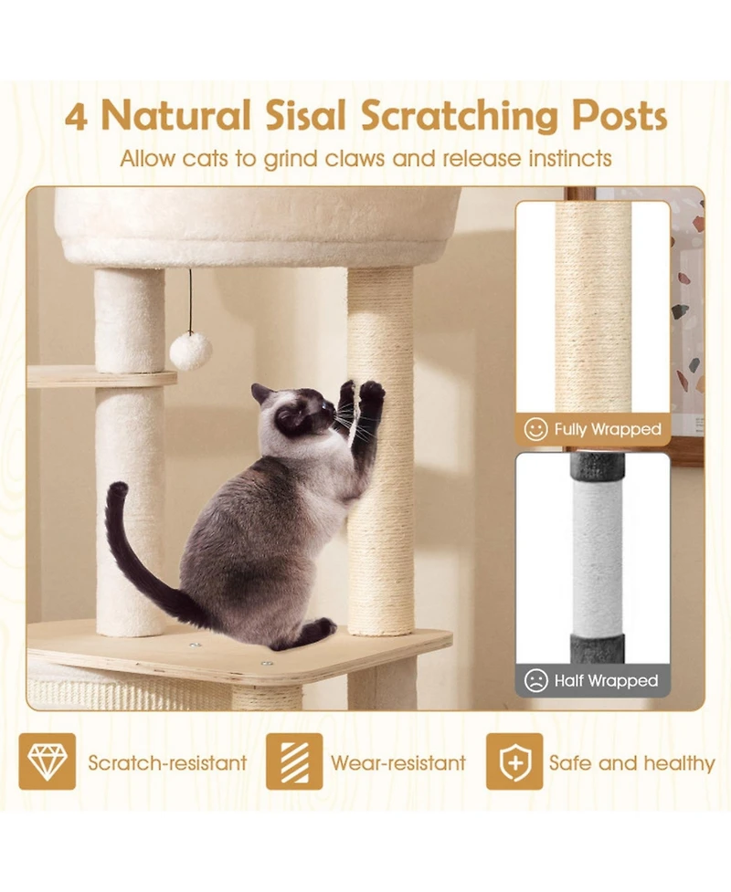 Hongge 56 Inch Cat Tree with Padded Condo Cushioned Perch and Sisal Scratching Posts