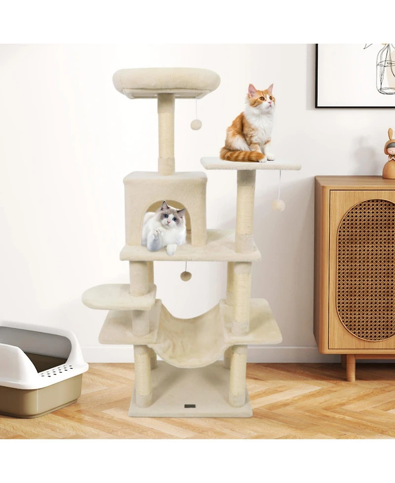Hongge 58 Inch Multi-Level Cat Tree with Padded Top Perch Condo Hammock and Sisal Posts