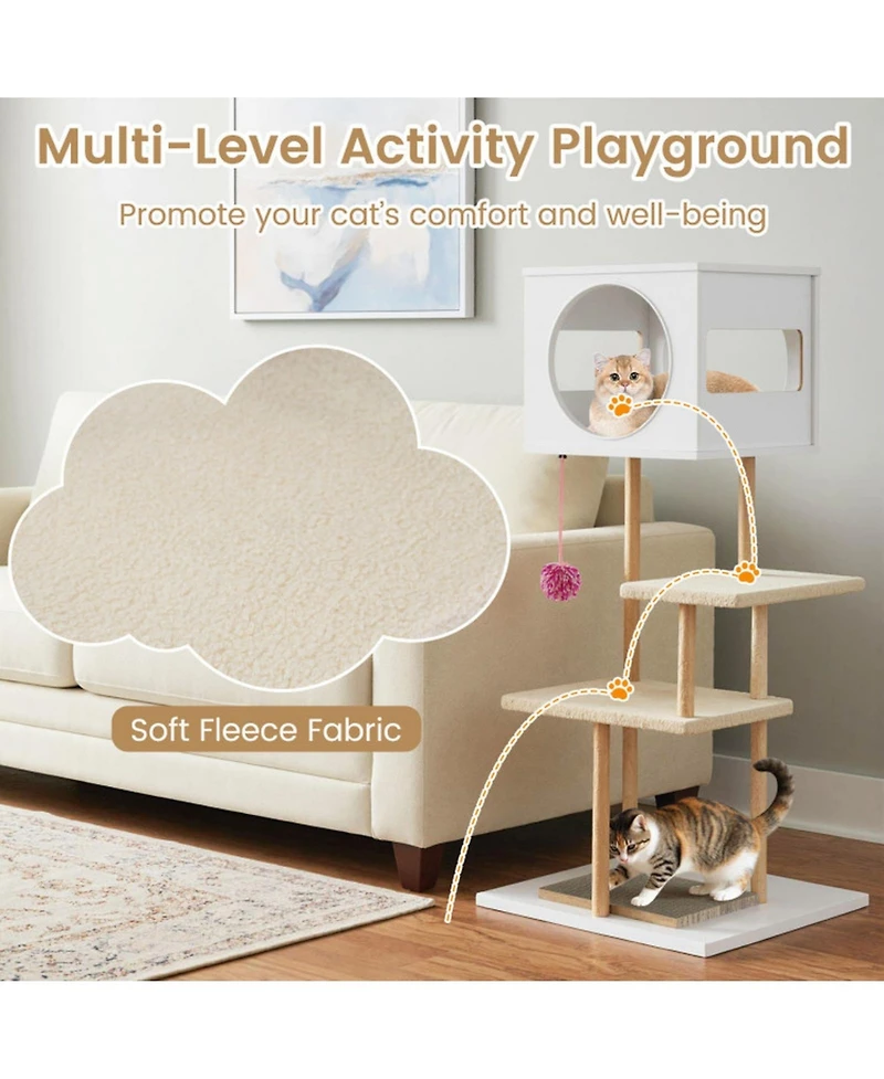 Hongge 40 Inch Wood Cat Tower with 2-Door Condo Corrugated Cardboard Scratchers and Fleece Perches