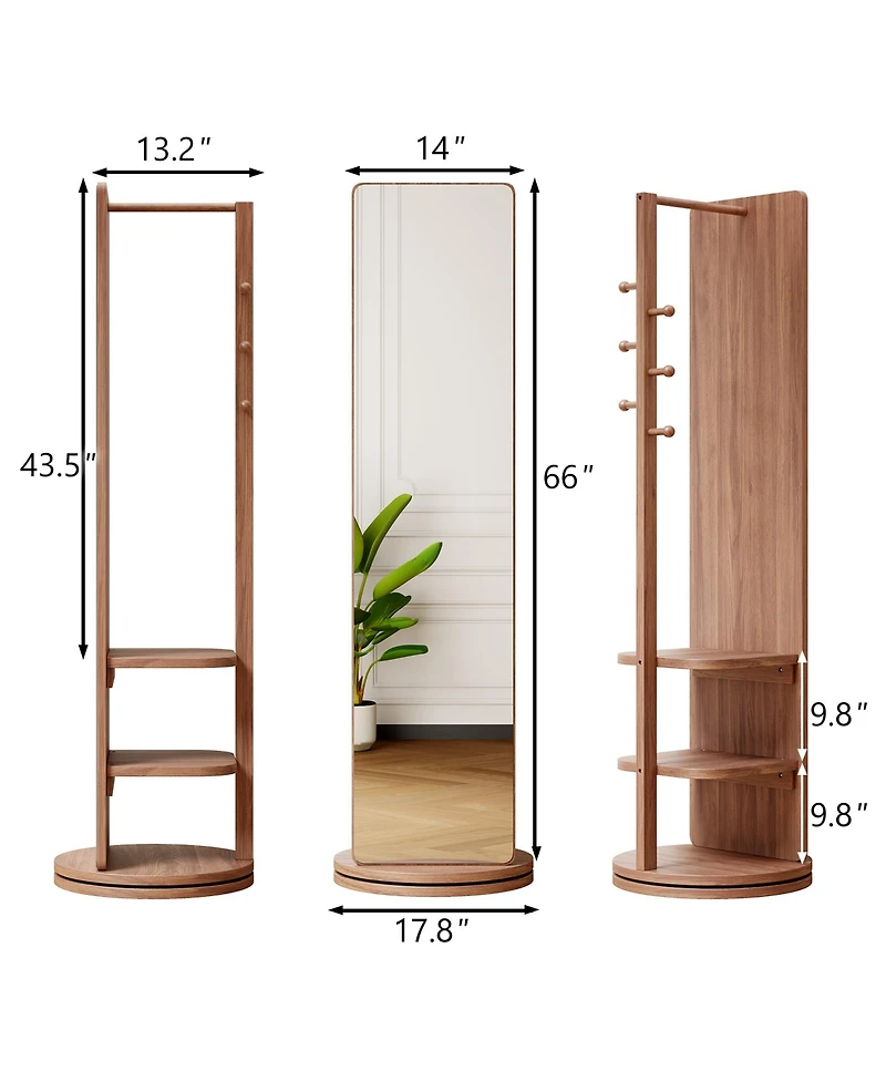 Busdays 66 x 17.8 Inch 360 Rotating Full Length Mirror with Hook Storage Rack Coat Rack Solid Wood Floor Mirror for Bedroom, Cloakroom Space