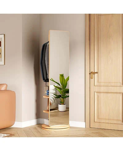 Busdays 66 x 17.8 Inch Natural Wood 360 Rotating Full-Length Mirror with Hook Storage Rack Coat Rack Solid Wood Floor Mirror for Bedroom Living Room