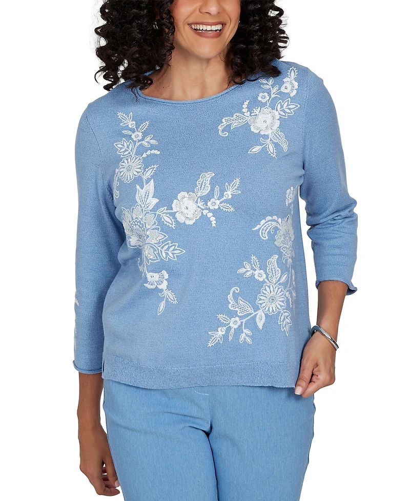 Alfred Dunner Petite Provence Lacey Floral Embroidered Sweater