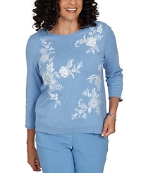 Alfred Dunner Petite Provence Lacey Floral Embroidered Sweater