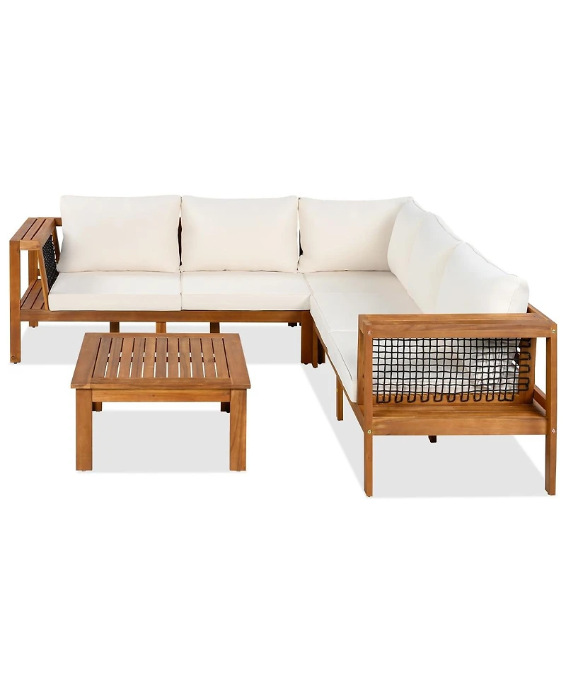 Asagikoiai 4-Piece Outdoor Acacia Wood Conversation Set L-Shaped Patio Sectional with Cushions