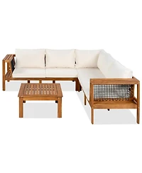 Asagikoiai 4-Piece Outdoor Acacia Wood Conversation Set L-Shaped Patio Sectional with Cushions