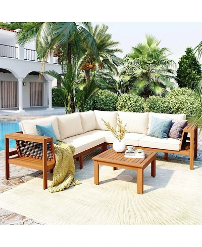 Asagikoiai 4-Piece Outdoor Acacia Wood Conversation Set L-Shaped Patio Sectional with Cushions