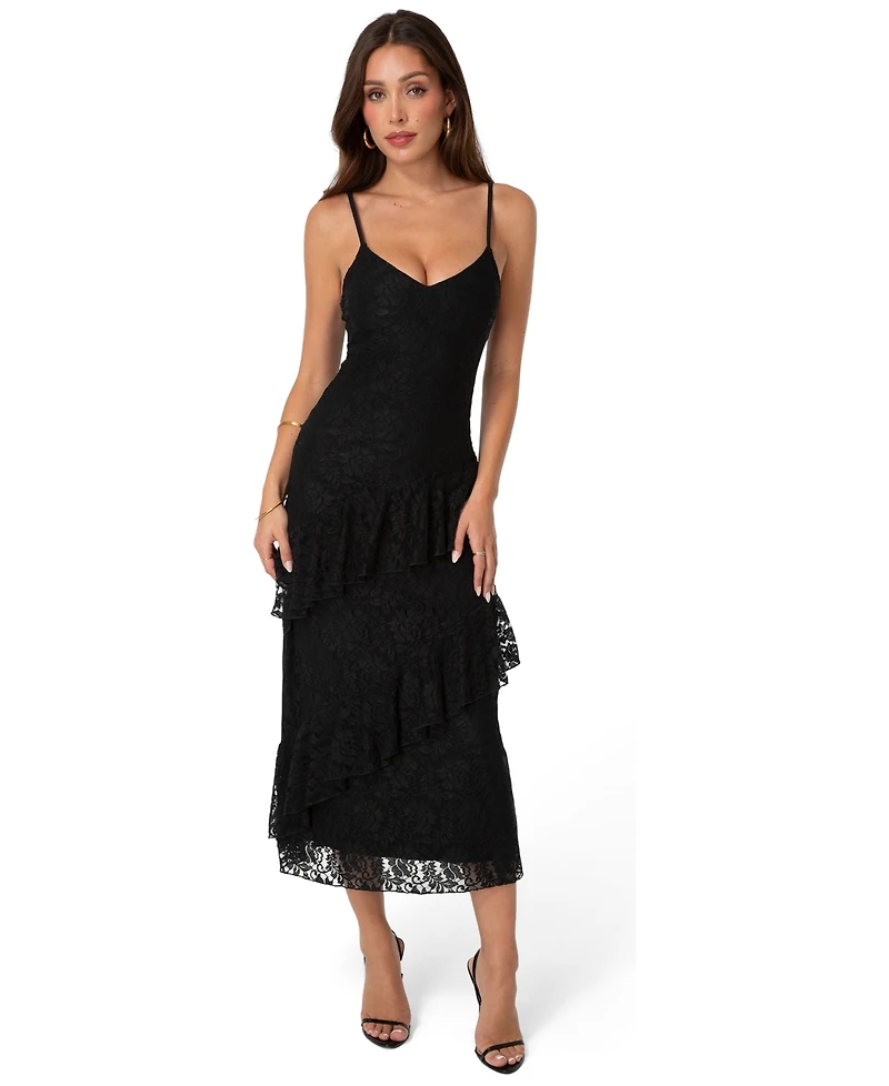 Bebe Women's Floral-Lace Cascading-Ruffle Maxi Dress