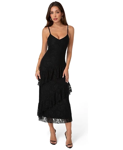 Bebe Women's Floral-Lace Cascading-Ruffle Maxi Dress