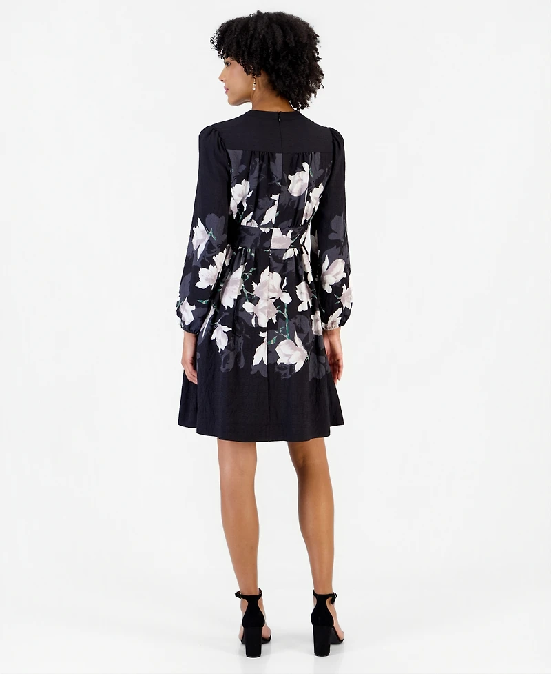 Tahari Asl Women's Long-Sleeve V-Neck Floral-Print Shirt Dress