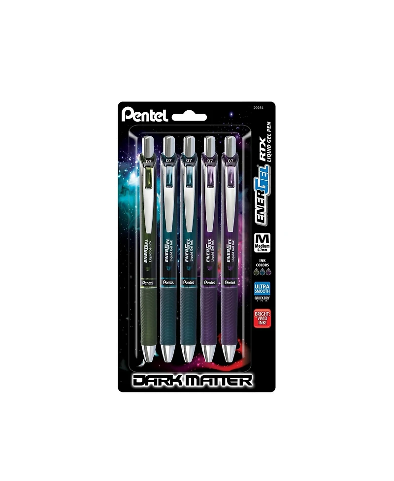 Pentel EnerGel Rtx Dark Matter (0.7mm) Metal Tip, Medium Line, Assorted Ink, 5-Pk