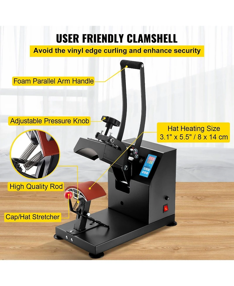 Sevorley Curved Hat Heat Press, Clamshell with Digital Timer Control