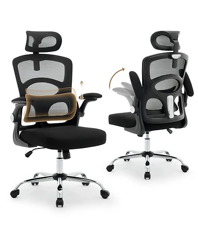 homfan Ergonomic Mesh Office Chair with adjustable headrest, lumbar support, flip-up arms, swivel wheels, and sturdy metal base