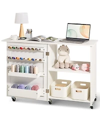 Sevorley Folding Sewing Machine Table with Storage Shelves, Wheels and Magnetic Doors