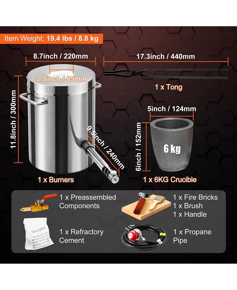 Sevorley 6 Kg Propane Melting Furnace Kit, Metal Foundry with Graphite Crucible and Tongs