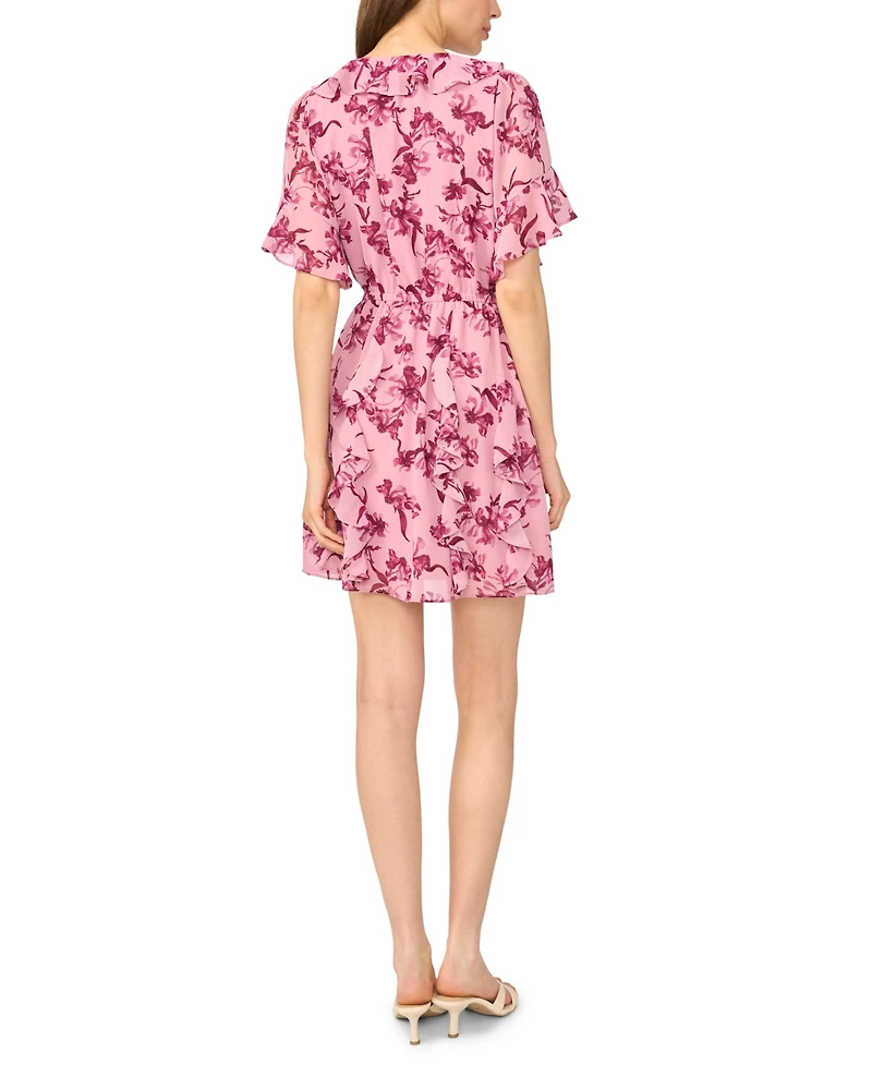 CeCe Women's Waterfall Ruffle Short-Sleeve Mini Floral V-Neck Dress