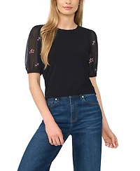 CeCe Women's Beaded Sleeve Mixed Media Crewneck Short-Sleeve Top