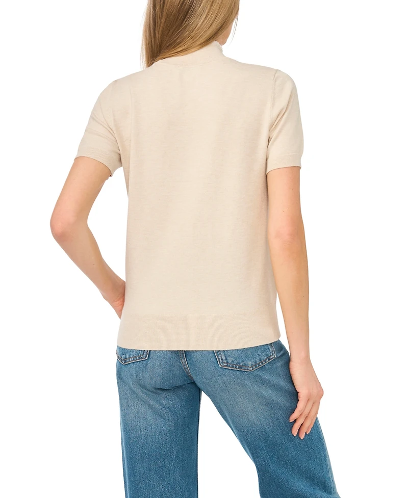 CeCe Women's Scarf Tie Mock Neck Short-Sleeve Viscose Sweater