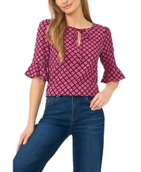 CeCe Women's Split Tie-Neck Ruffle-Cuff 3/4-Sleeve Top