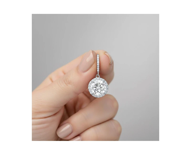 Genevive Dainty White Gold Plated Halo Cz Round Drop Fish Hook Earrings