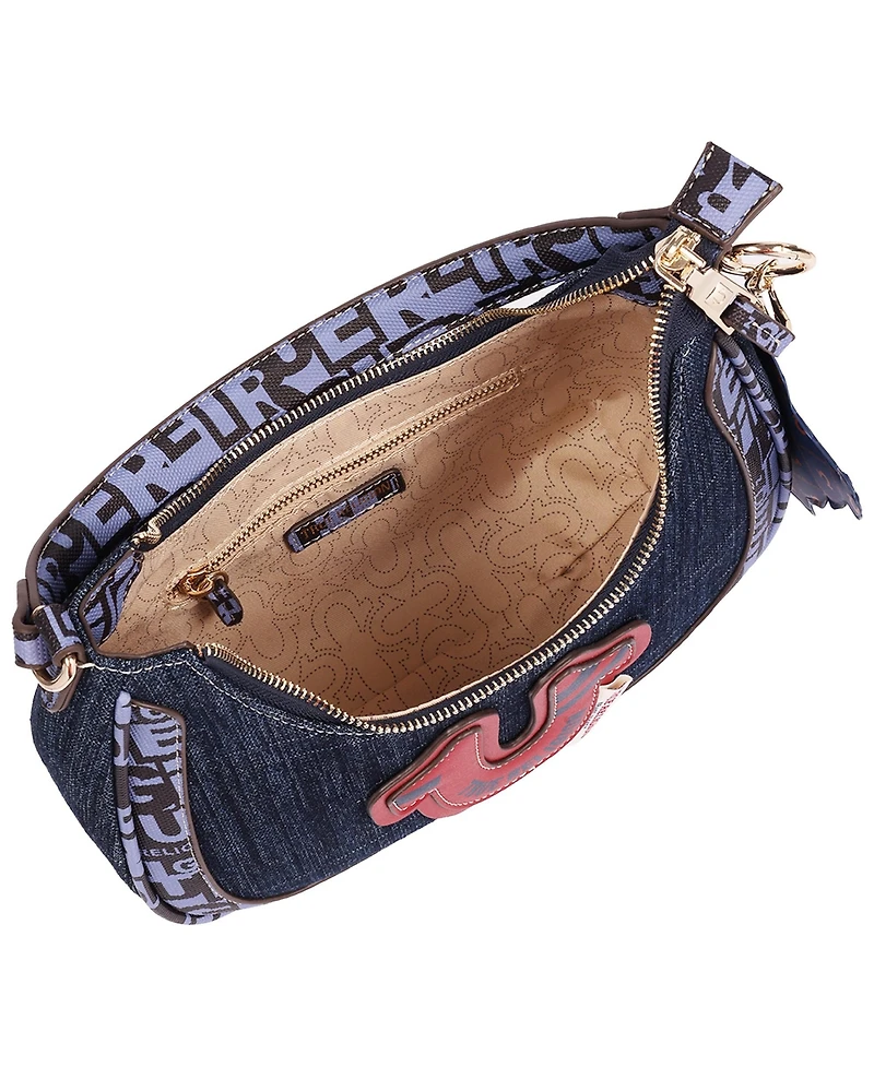 True Religion Graphic Trim Denim Hobo Bag with Buddha Charm