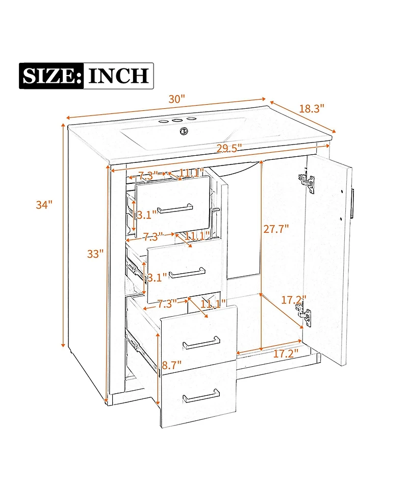 Busdays Bathroom Vanity with Ceramic Sink Combo Solid Wood Frame Freestanding Storage Cabinet with 3 Drawers and Soft Closing Doors