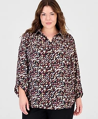Anne Klein Essentials Plus V-Neck Long Roll-Tab Sleeves Blouse