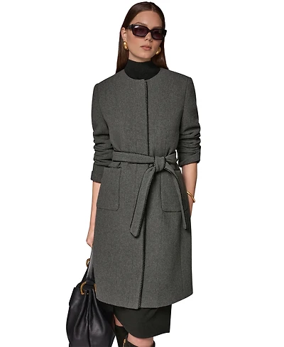 Donna Karan New York Women's Collarless Wool-Blend Pleather Trim Coat