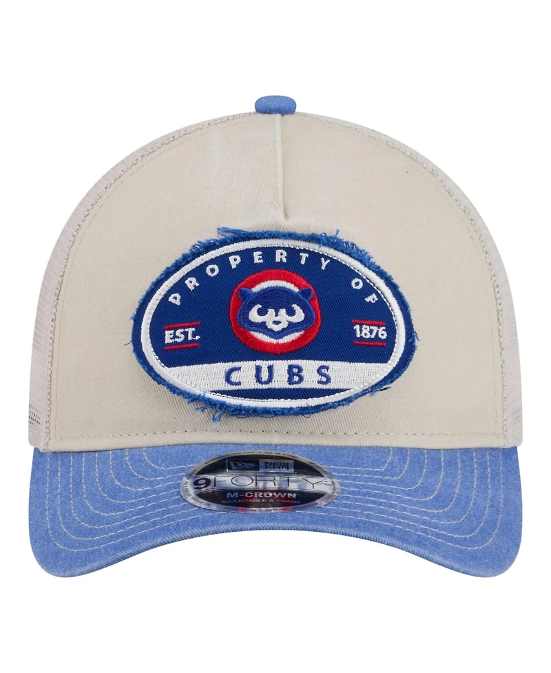 New Era Men's Light Beige/Royal Chicago Cubs Frayed M-Crown A-Frame 9FORTY Trucker Adjustable Hat