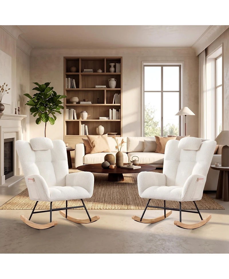 homfan Modern Upholstered Rocking Chair Set of 2, High Back, Padded Seat, Armchair with Side Pocket, Lounge Chair for Living Room, Bedroom