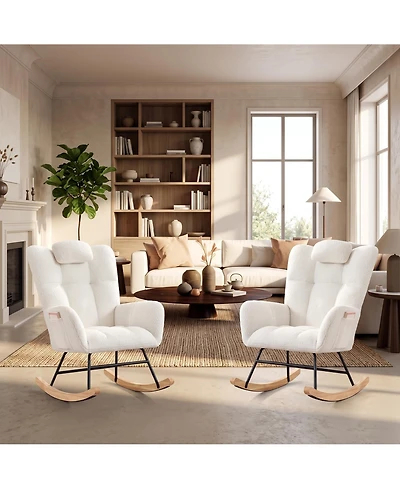 homfan Modern Upholstered Rocking Chair Set of 2, High Back, Padded Seat, Armchair with Side Pocket, Lounge Chair for Living Room, Bedroom