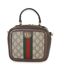 Pre-Owned Gucci Beige Ebony Gg Supreme Canvas Web Ophidia Mini Top Handle Shoulder Bag