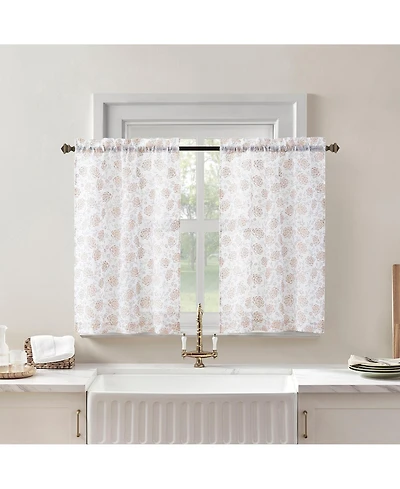 No. 918 Jacqueline Tonal Floral Puff Print Semi-Sheer Rod Pocket Kitchen Curtain Tier Pair
