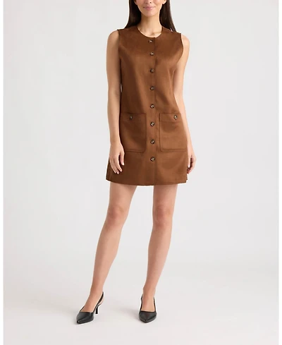 Ellen Tracy Women's Button-Front Sleeveless Mini Faux-Suede Dress