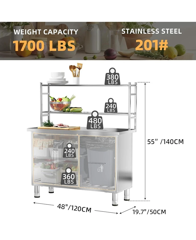 Aecojoy Stainless Steel Prep Table w Trash Bin Cabinet Commercial Worktable Adjustable Shelves