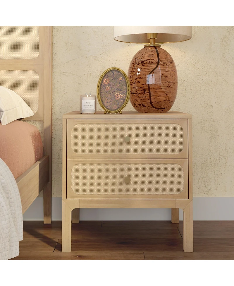 Plank+Beam Elio Rattan 2 Drawer Nightstand with Brass Knob