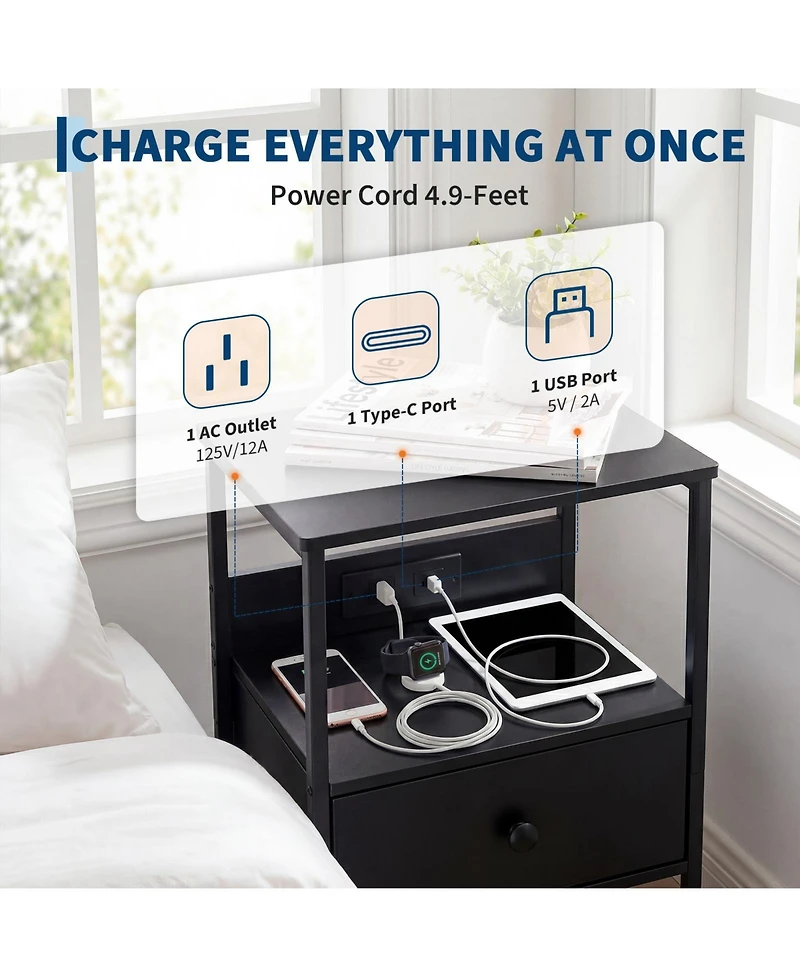 homfan Modern Bedside Table with Charging Station