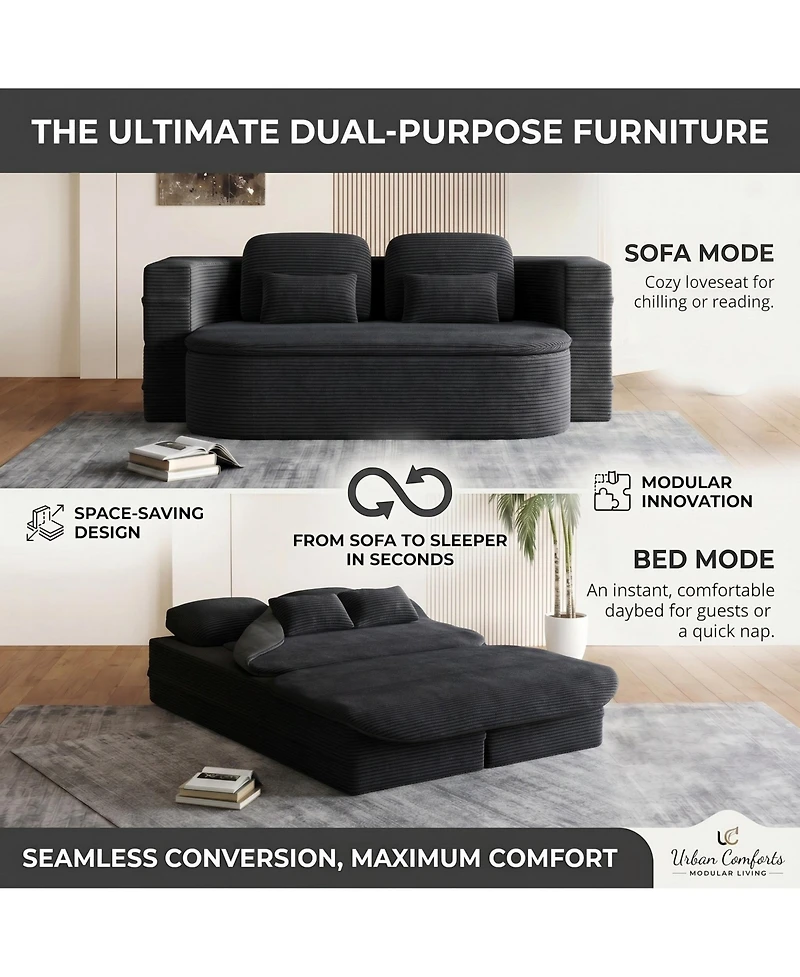Sailvan 75" Convertible Sleeper Sofa, Corduroy Floor Couch to Full Bed with Blanket and 4 Pillows