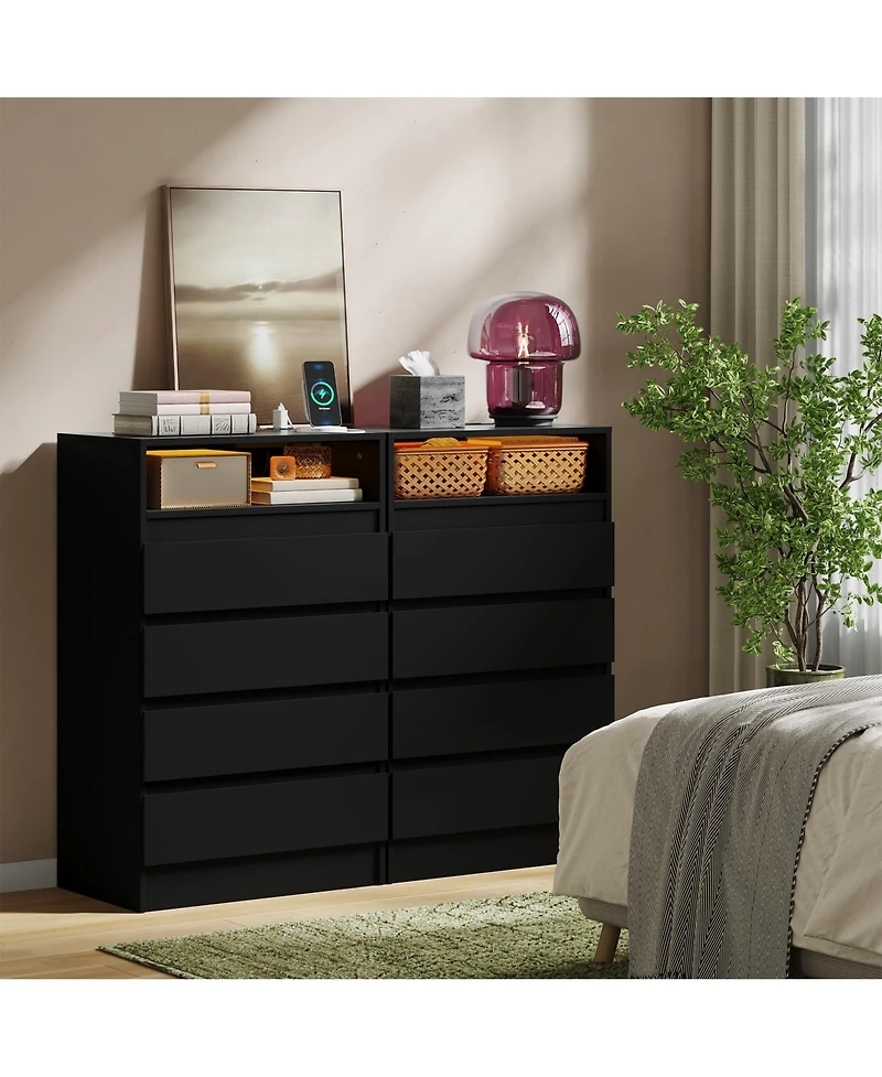 homfan Set of 2 Chest of Drawers With 4 Drawers, Modern Chest With Led Lighting and Usb Charging Station, Storage Cabinet For Living Room and Bedroom