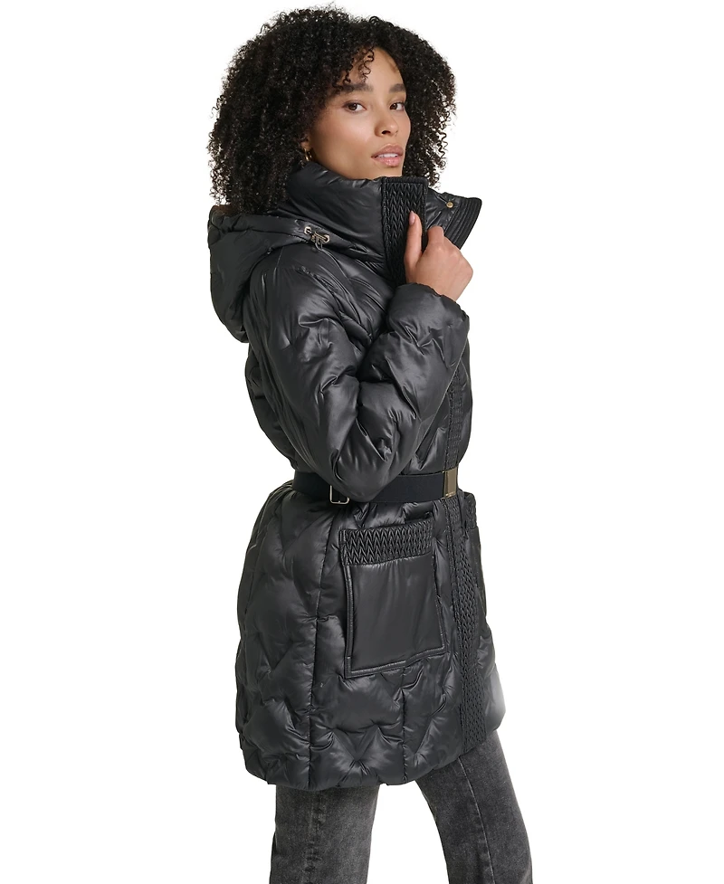 Karl Lagerfeld Paris Women's Heat-Seal Deatil Belted Long Puffer Coat
