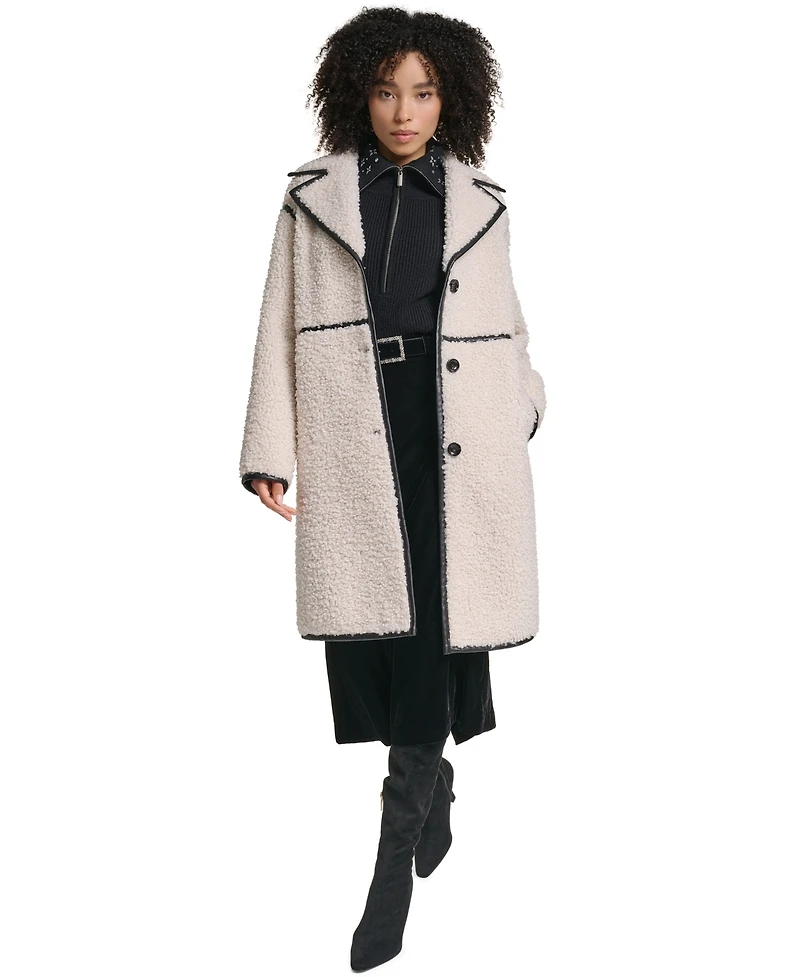 Karl Lagerfeld Paris Women's Faux-Leather-Trim Teddy Coat