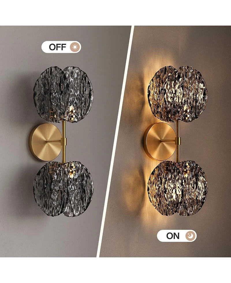 Tribesigns 2-Light Crystal Wall Sconce,Brass Finish Wall Light with Textured Smoke Glass Shade,Luxury Vanity Light