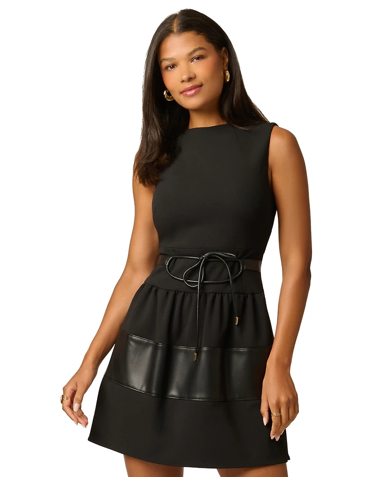 Adrianna Papell Women's Crepe and Faux Leather Dress