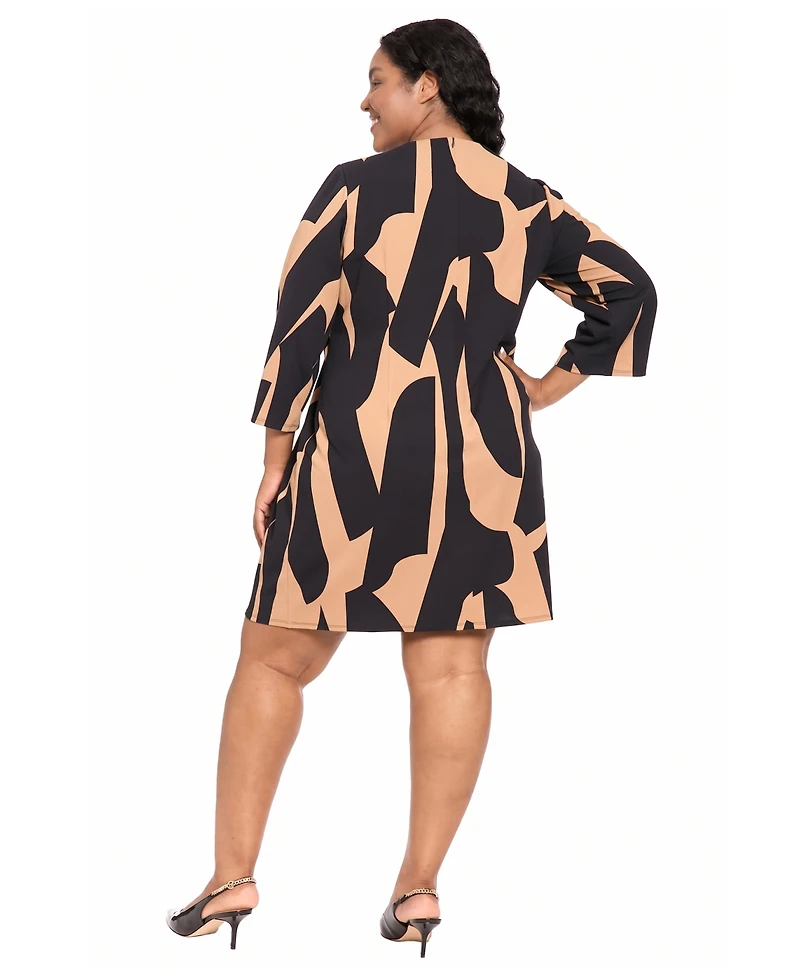 London Times Plus 3/4-Sleeve Geometric-Print Scuba Crepe Shift Dress